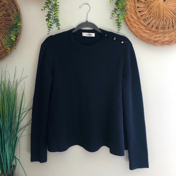 Valentino Sweaters - Valentino Blue Crewneck Sweater Gold Stud Accents